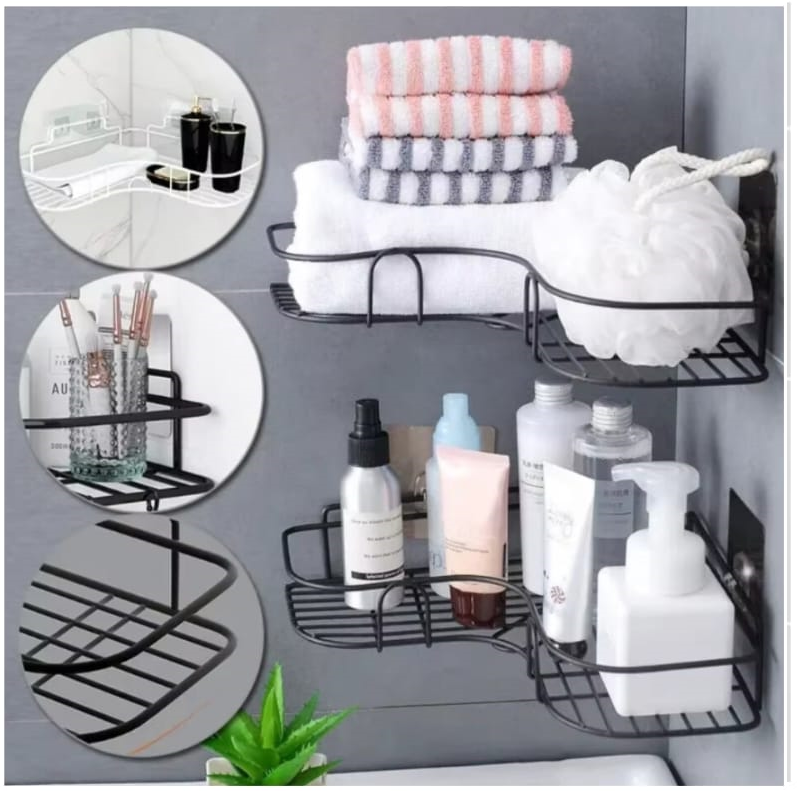 Self-Adhesive Wall Iron Corner Shelf | Drill-Free Bathroom & Kitchen Corner Rack | Rustproof Metal Storage Organizer