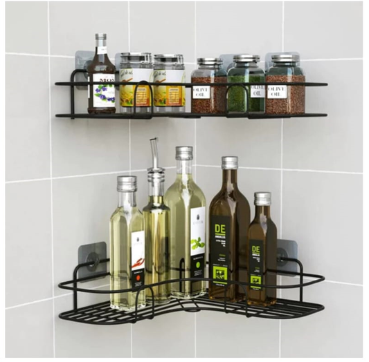 Self-Adhesive Wall Iron Corner Shelf | Drill-Free Bathroom & Kitchen Corner Rack | Rustproof Metal Storage Organizer