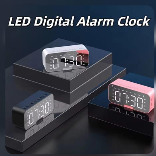 Rechargeable Digital Alarm Clock with Bluetooth Speaker | LED Mirror Display FM Radio Clock